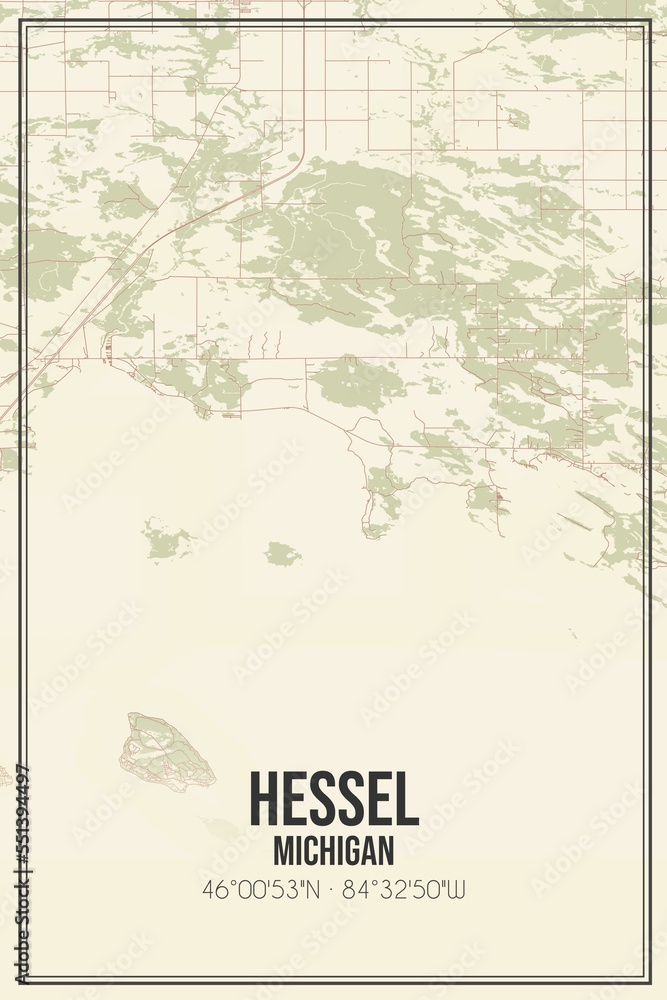 Retro US city map of Hessel, Michigan. Vintage street map.