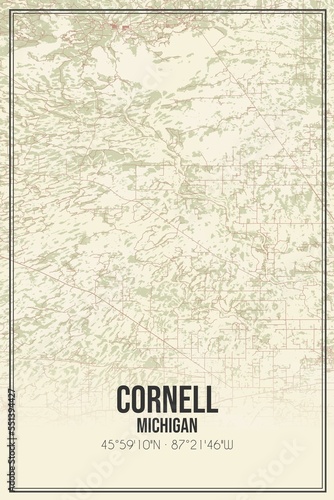 Retro US city map of Cornell, Michigan. Vintage street map. © Rezona