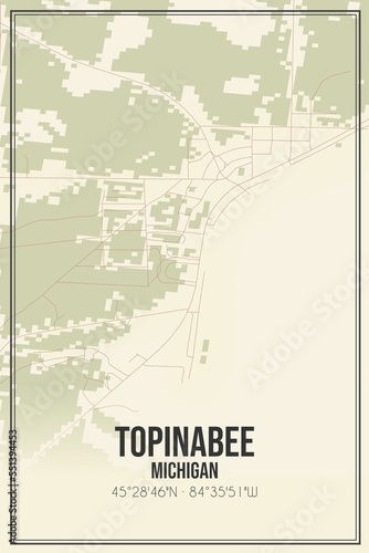 Retro US city map of Topinabee  Michigan. Vintage street map.