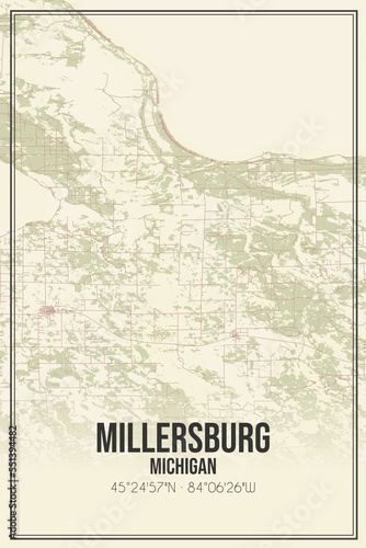 Retro US city map of Millersburg, Michigan. Vintage street map. photo