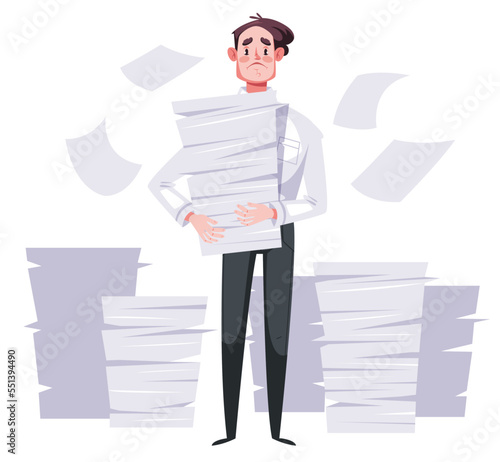 Many works concept. Stress paperwork overworked office workers. Vector graphic design illustration element