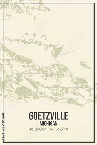Retro US city map of Goetzville, Michigan. Vintage street map. photo