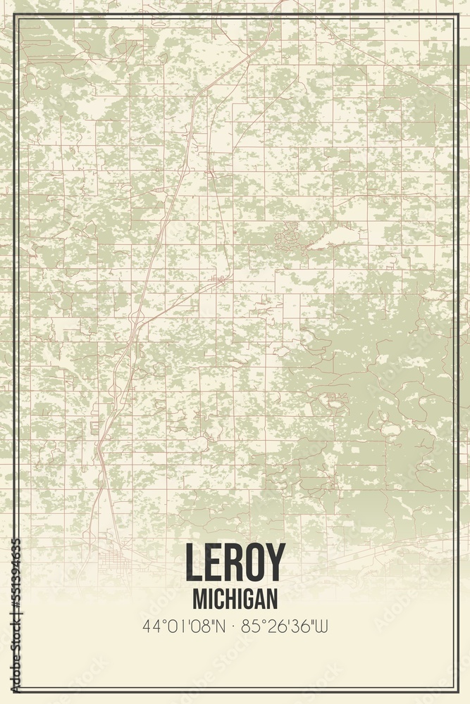 Retro US city map of Leroy, Michigan. Vintage street map.
