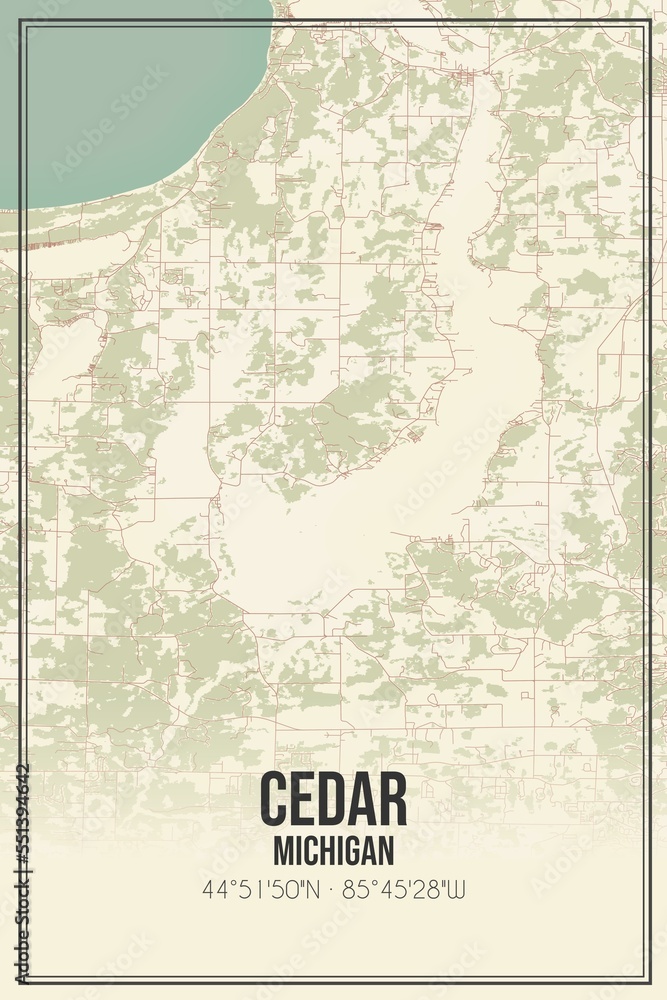 Retro US city map of Cedar, Michigan. Vintage street map.