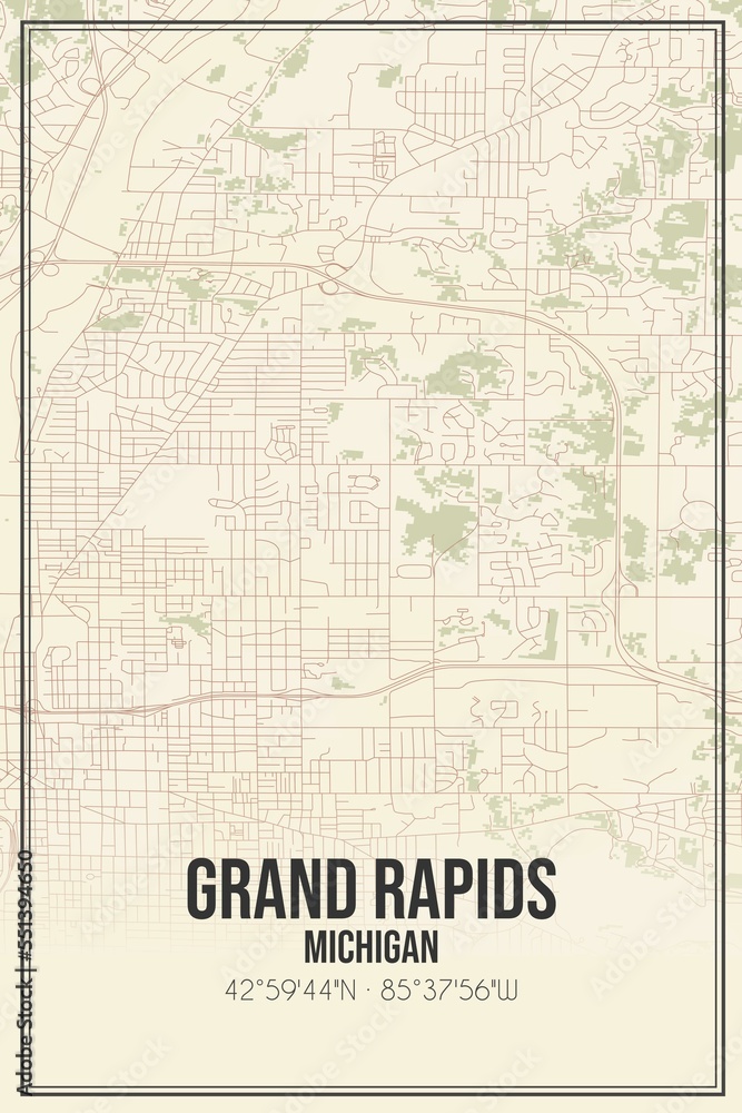 Retro US city map of Grand Rapids, Michigan. Vintage street map.