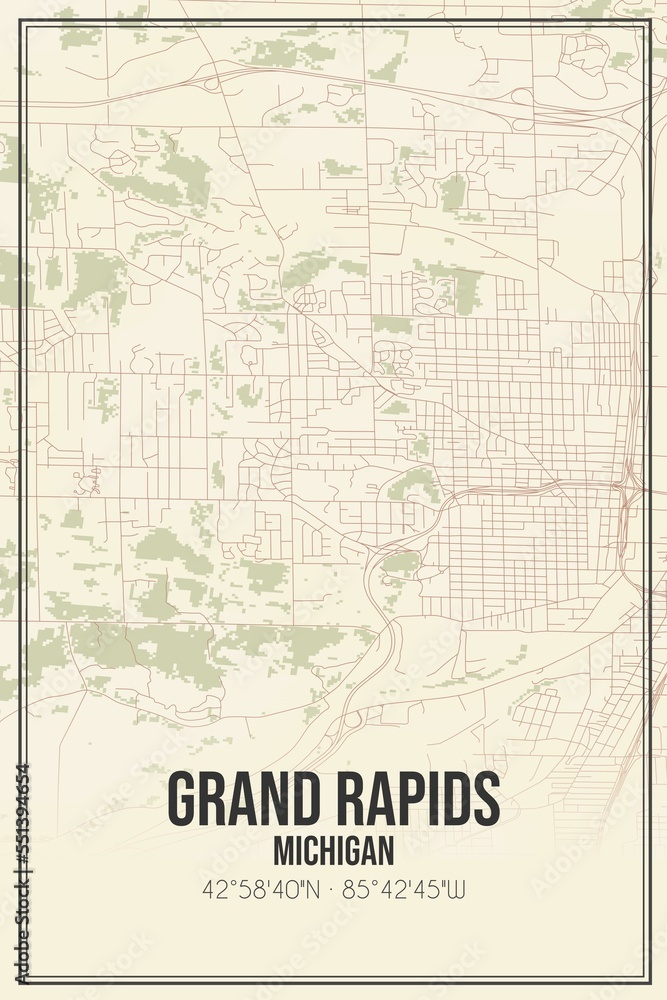 Fototapeta premium Retro US city map of Grand Rapids, Michigan. Vintage street map.