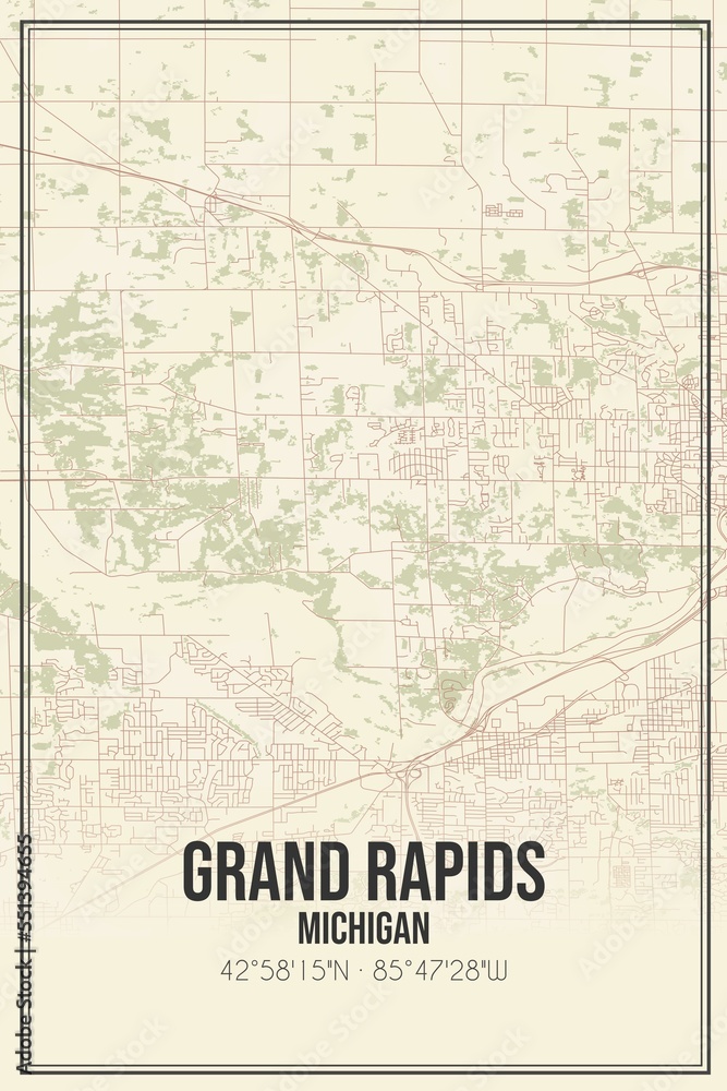 Retro US city map of Grand Rapids, Michigan. Vintage street map.