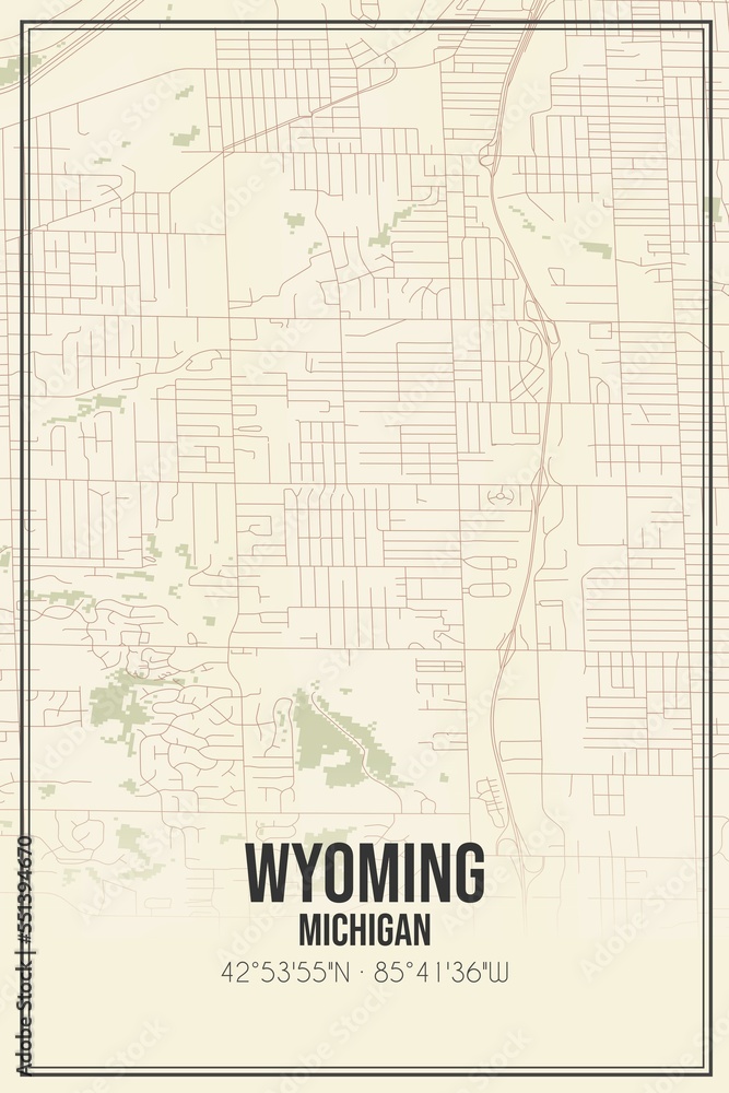 Retro US city map of Wyoming, Michigan. Vintage street map.