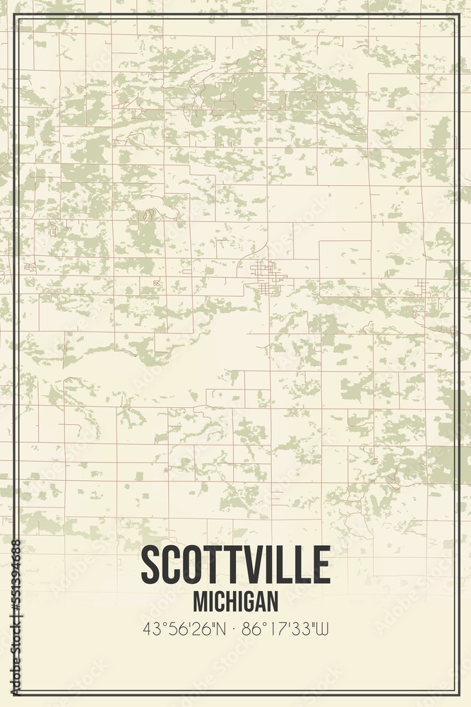 Retro US city map of Scottville, Michigan. Vintage street map.
