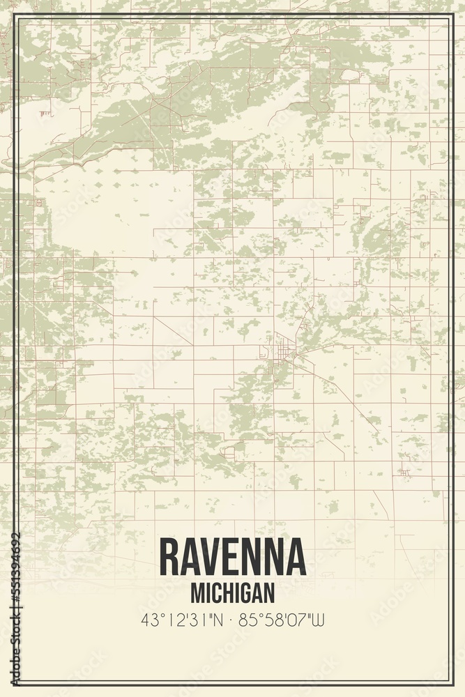 Retro US city map of Ravenna, Michigan. Vintage street map.