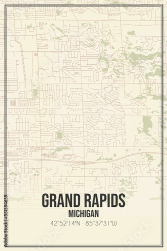 Retro US city map of Grand Rapids  Michigan. Vintage street map.