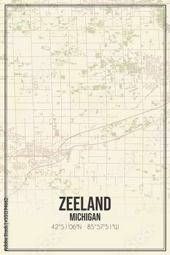 Retro US city map of Zeeland, Michigan. Vintage street map.