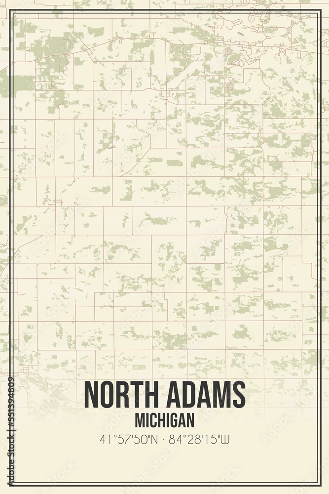 Retro US city map of North Adams, Michigan. Vintage street map.