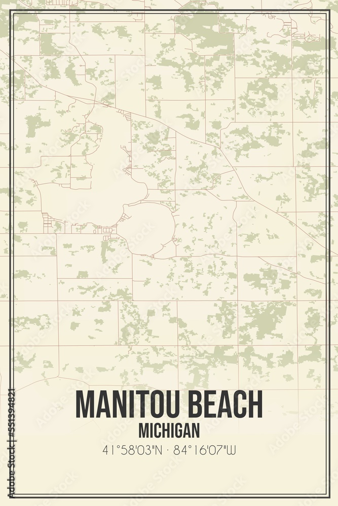 Retro US city map of Manitou Beach, Michigan. Vintage street map.
