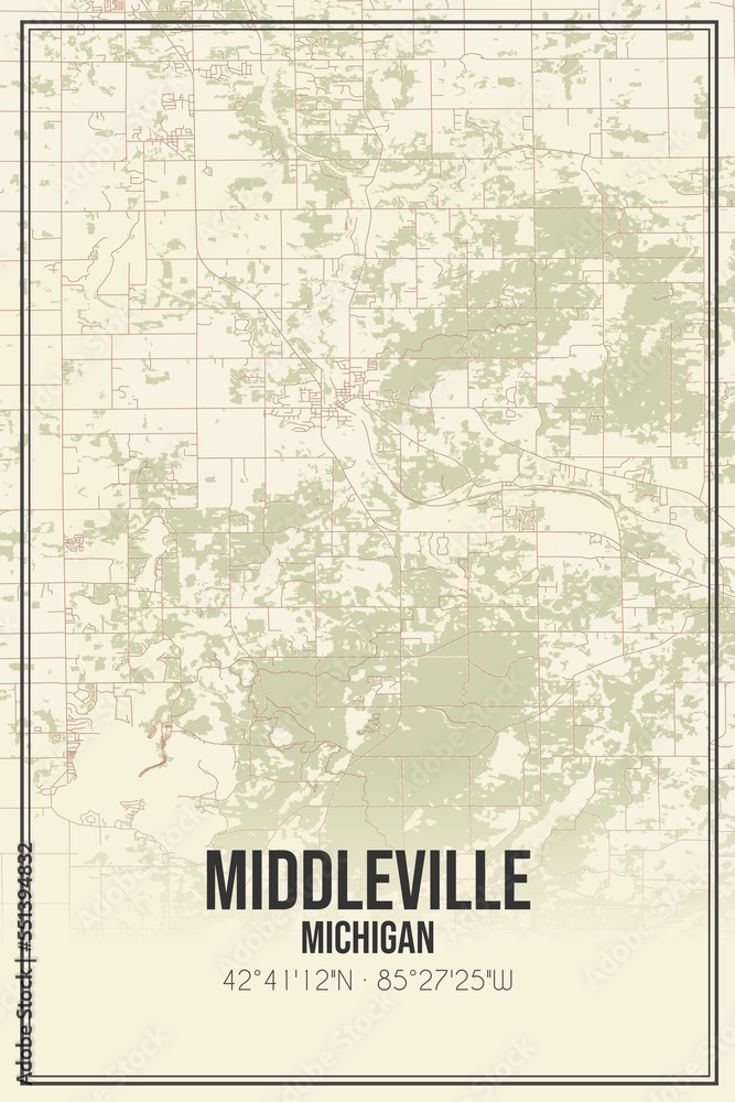 Retro US city map of Middleville, Michigan. Vintage street map.