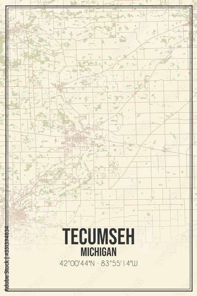 Retro US city map of Tecumseh, Michigan. Vintage street map.