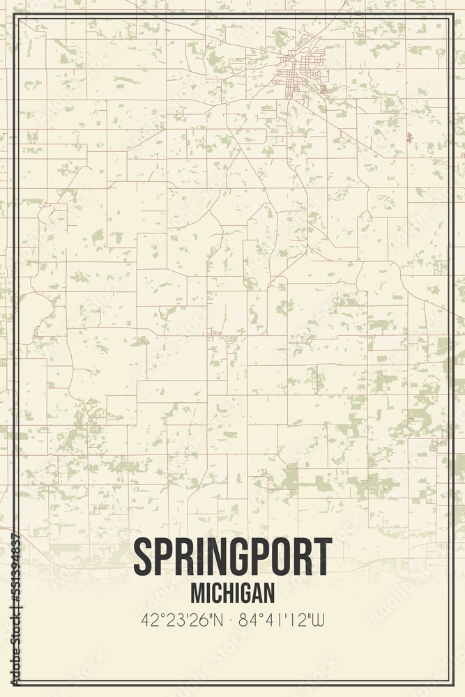 Retro US city map of Springport, Michigan. Vintage street map.