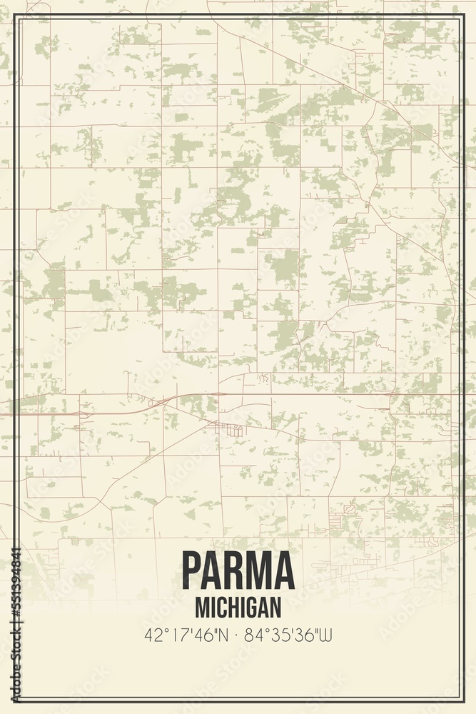 Retro US city map of Parma, Michigan. Vintage street map.