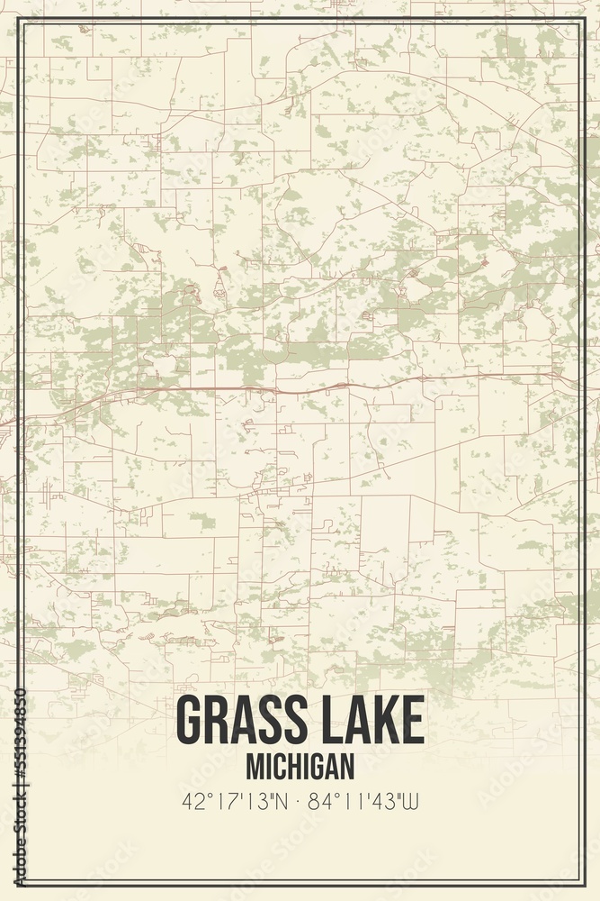 Retro US city map of Grass Lake, Michigan. Vintage street map.