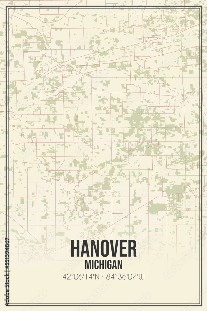 Retro US city map of Hanover, Michigan. Vintage street map.
