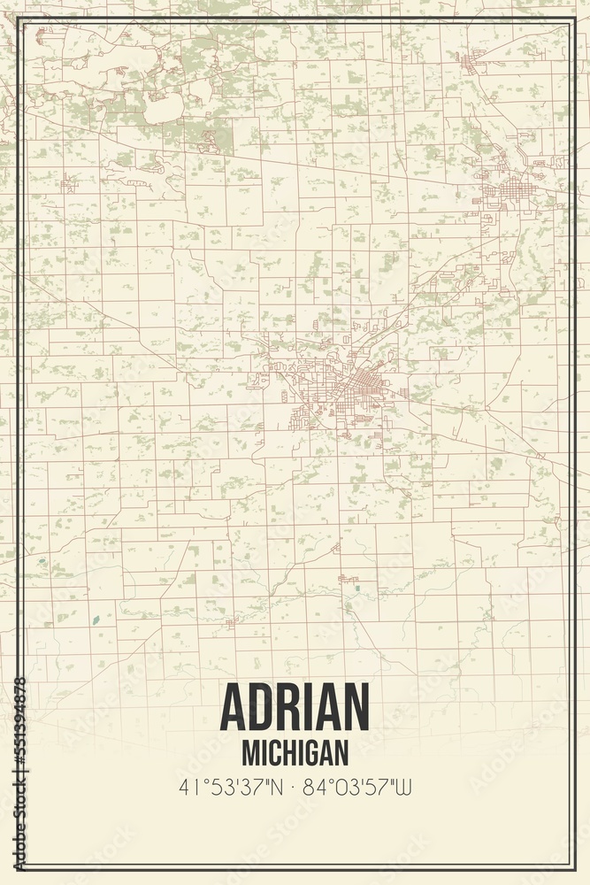 Retro US city map of Adrian, Michigan. Vintage street map.