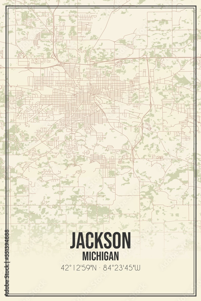 Retro US city map of Jackson, Michigan. Vintage street map.