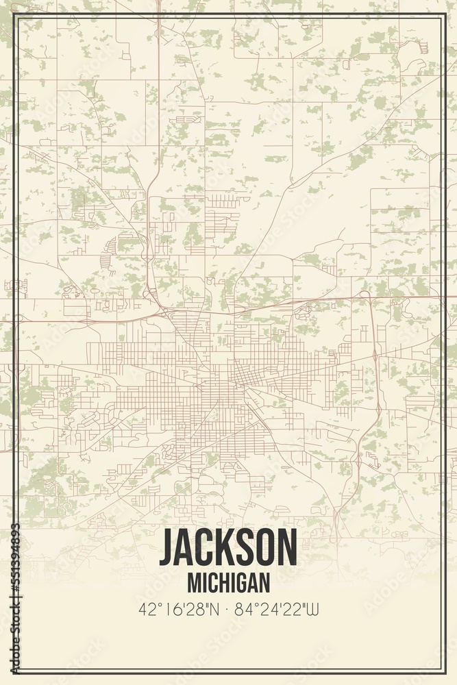 Retro US city map of Jackson, Michigan. Vintage street map.