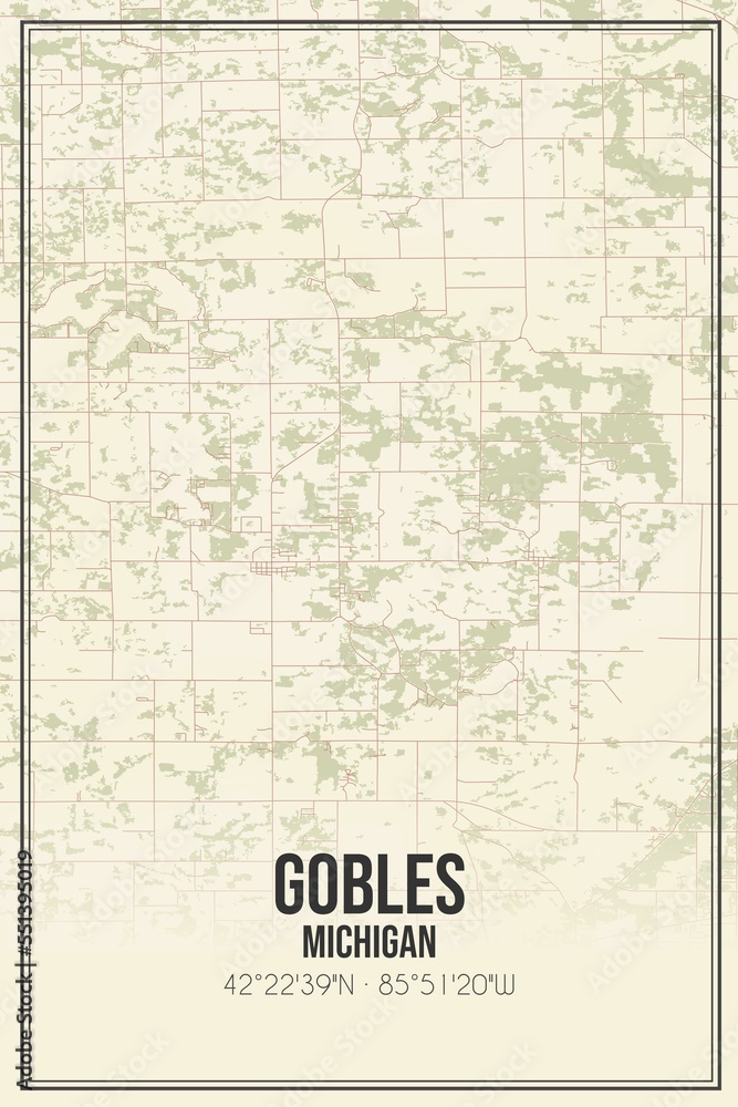 Retro US city map of Gobles, Michigan. Vintage street map.