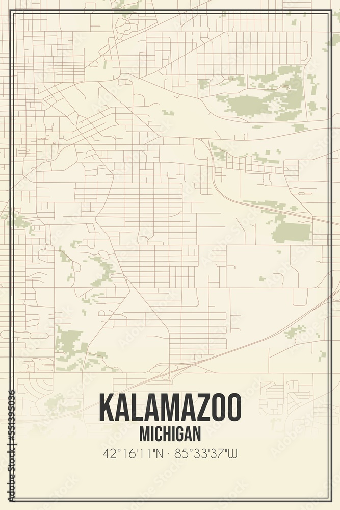 Retro US city map of Kalamazoo, Michigan. Vintage street map.