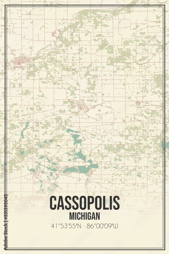 Retro US city map of Cassopolis, Michigan. Vintage street map.