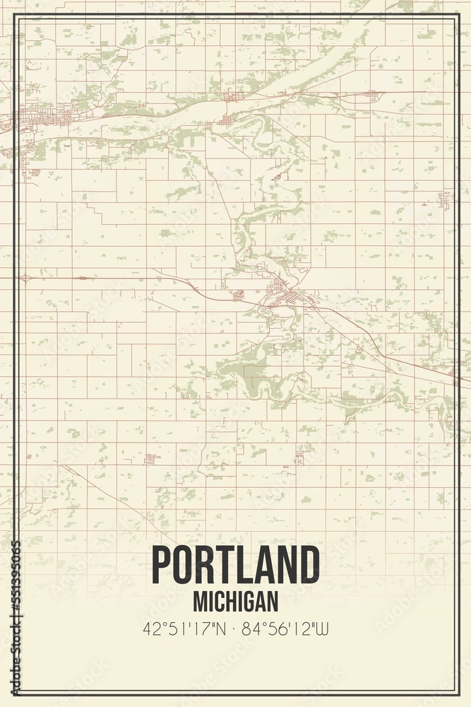 Retro US city map of Portland, Michigan. Vintage street map.