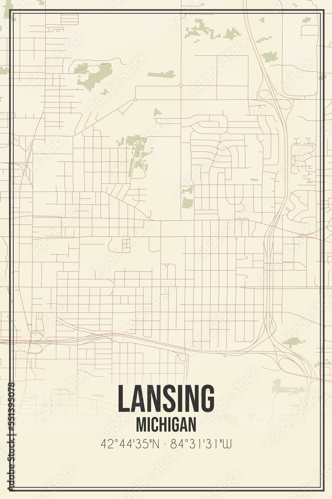 Retro US city map of Lansing, Michigan. Vintage street map.