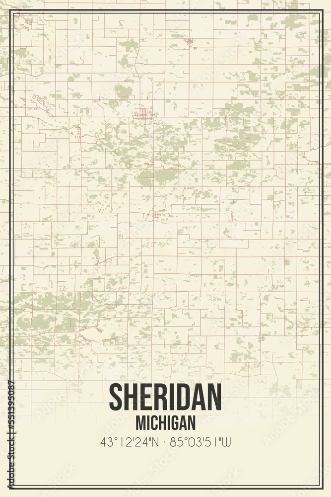 Retro US city map of Sheridan, Michigan. Vintage street map.