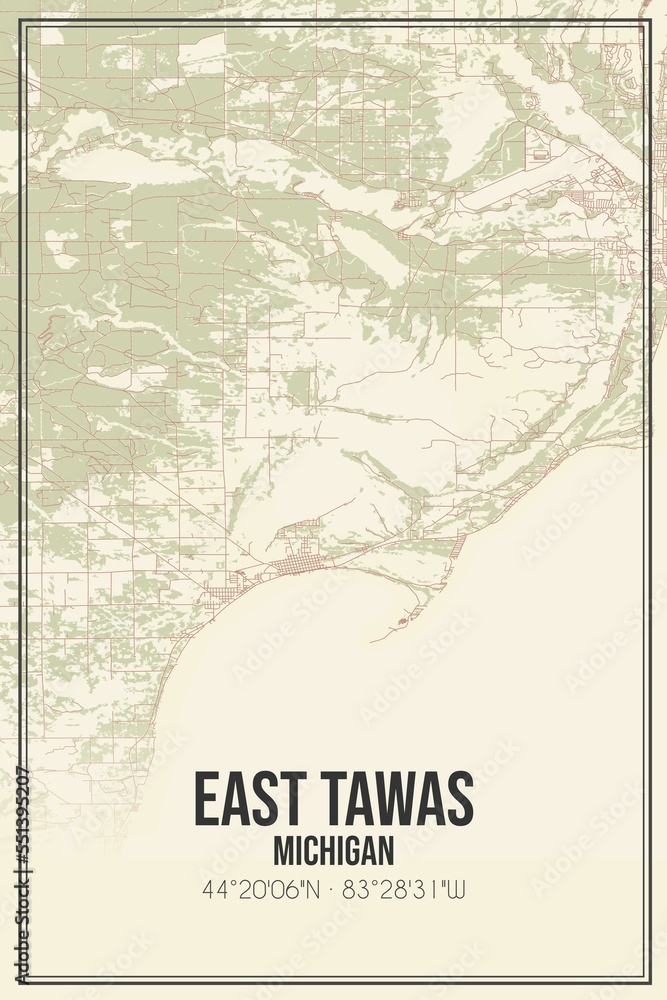 Retro US city map of East Tawas, Michigan. Vintage street map.