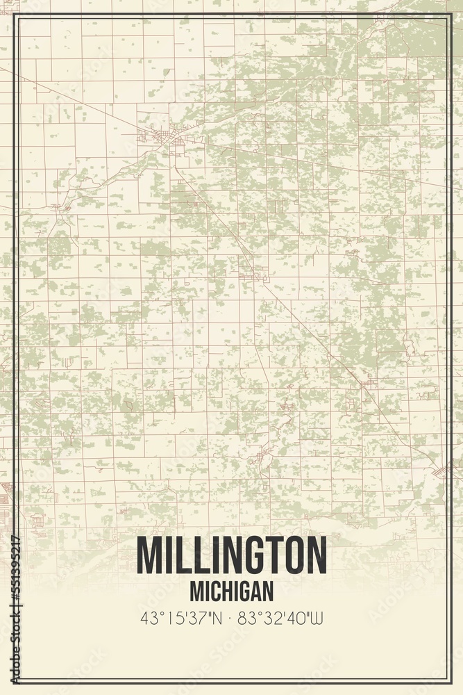 Retro US city map of Millington, Michigan. Vintage street map.