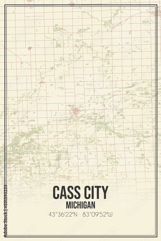 Retro US city map of Cass City, Michigan. Vintage street map.