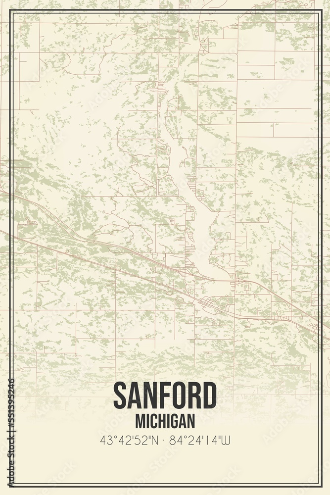 Retro US city map of Sanford, Michigan. Vintage street map.