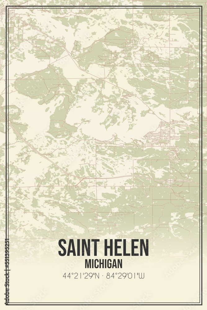 Retro US city map of Saint Helen, Michigan. Vintage street map.