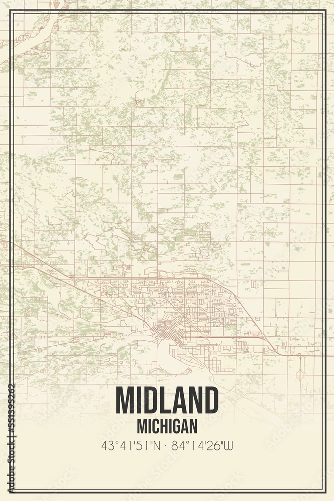 Retro US city map of Midland, Michigan. Vintage street map.