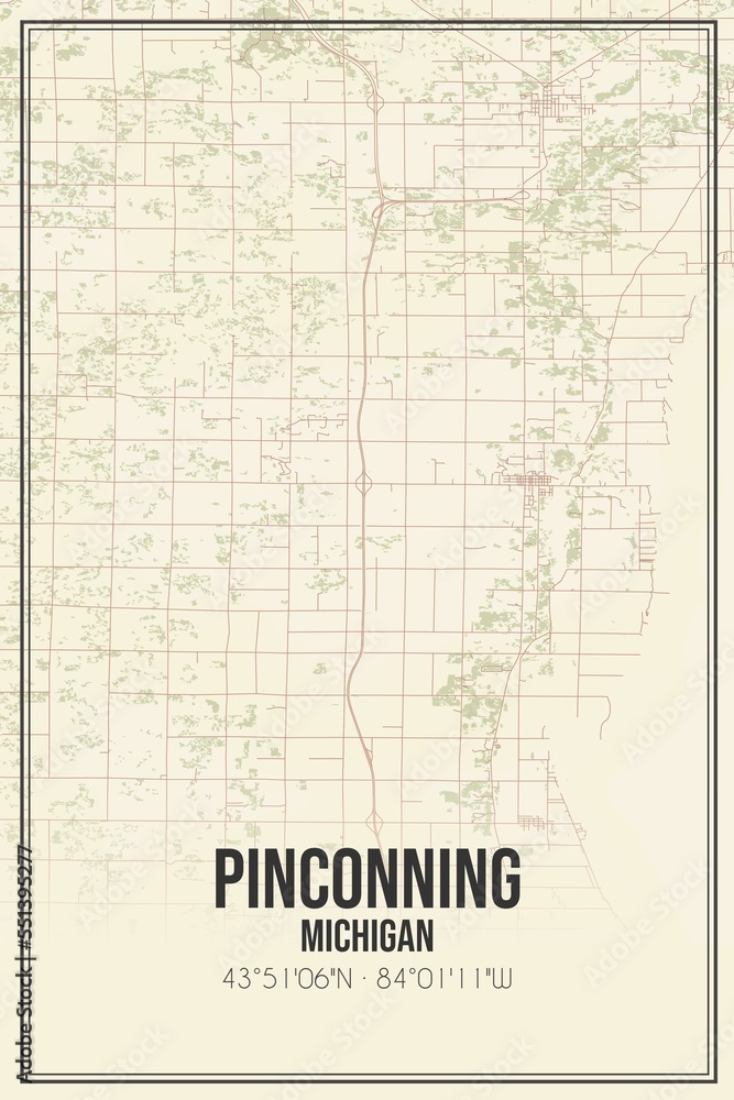 Retro US city map of Pinconning, Michigan. Vintage street map.