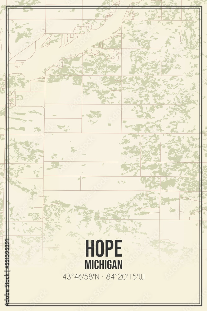 Retro US city map of Hope, Michigan. Vintage street map.