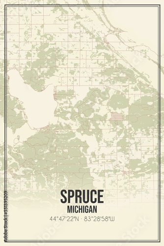 Retro US city map of Spruce  Michigan. Vintage street map.