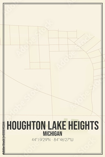 Retro US city map of Houghton Lake Heights, Michigan. Vintage street map.