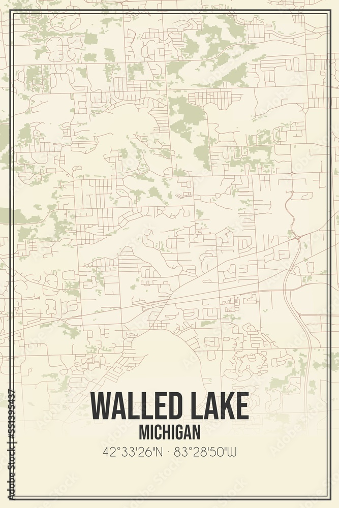 Retro US city map of Walled Lake, Michigan. Vintage street map.