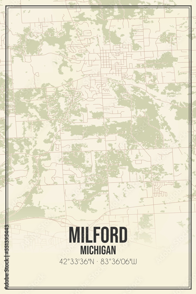 Retro US city map of Milford, Michigan. Vintage street map.
