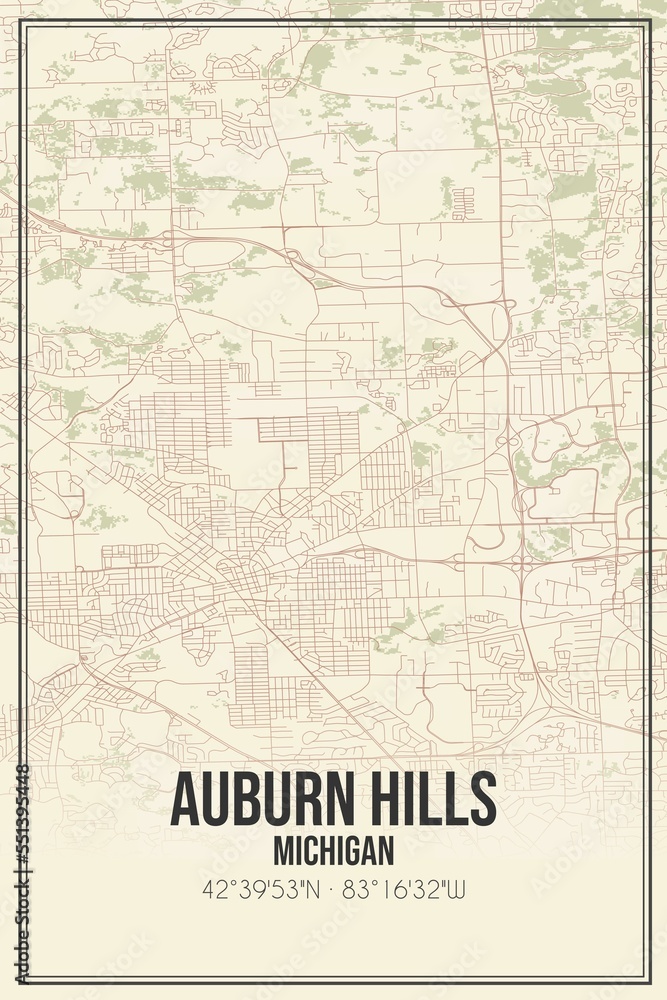 Retro US city map of Auburn Hills, Michigan. Vintage street map.