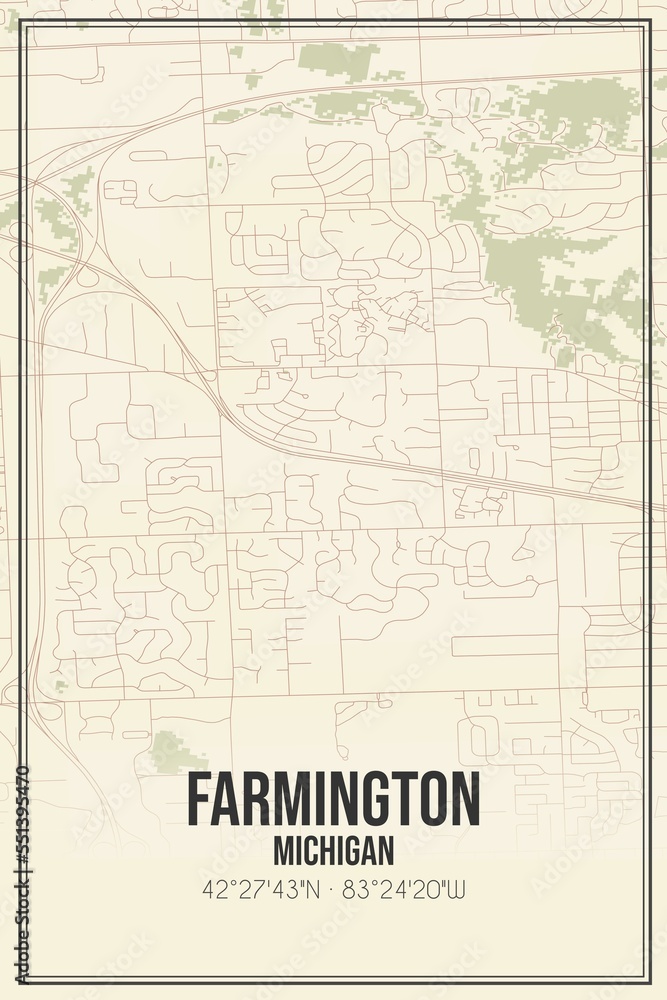 Retro US city map of Farmington, Michigan. Vintage street map.