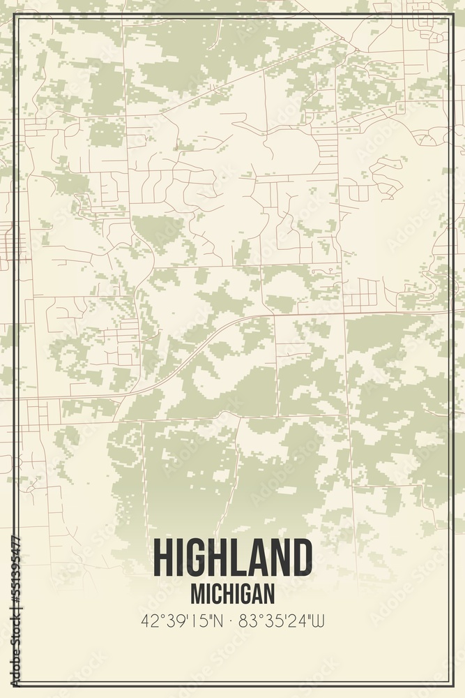 Retro US city map of Highland, Michigan. Vintage street map.