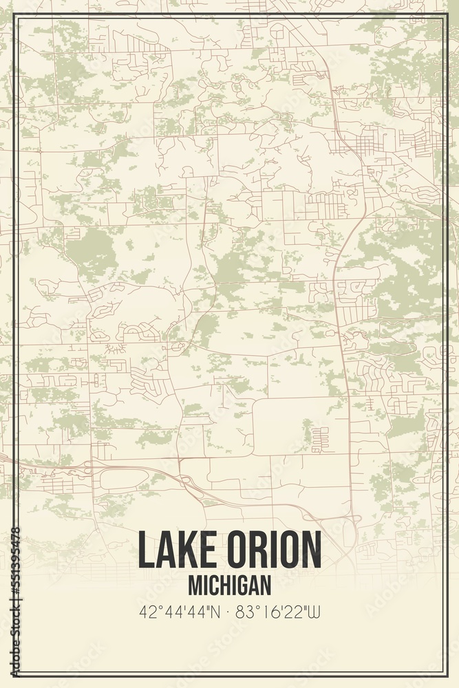 Retro US city map of Lake Orion, Michigan. Vintage street map.