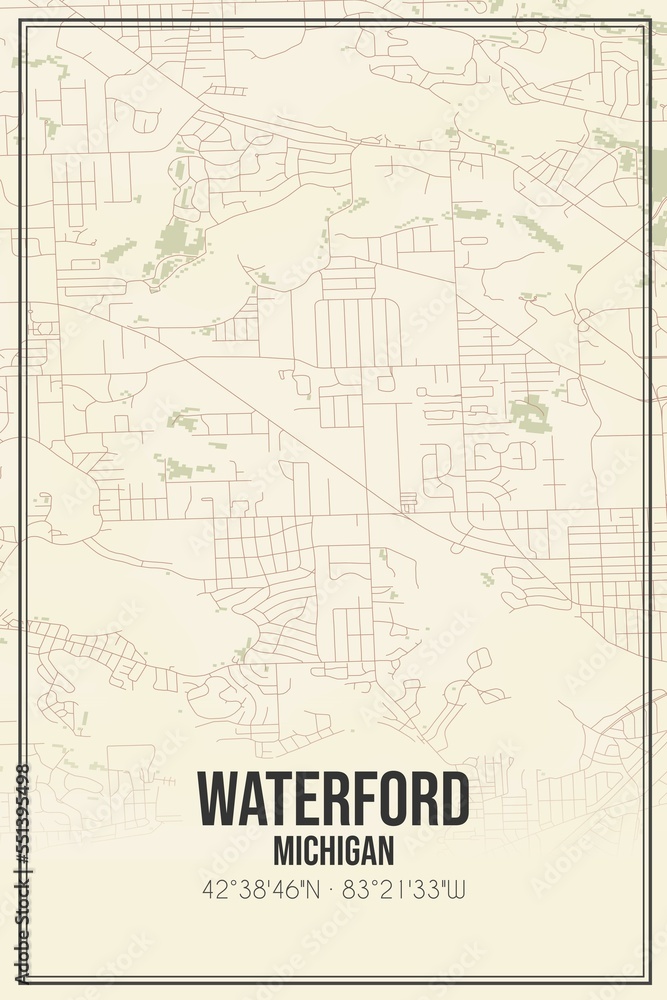 Retro US city map of Waterford, Michigan. Vintage street map.